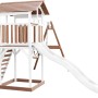 Axi Beach Tower Spielturm mit Doppelschaukel und weißer Rutsche, braun-weißes Holz.