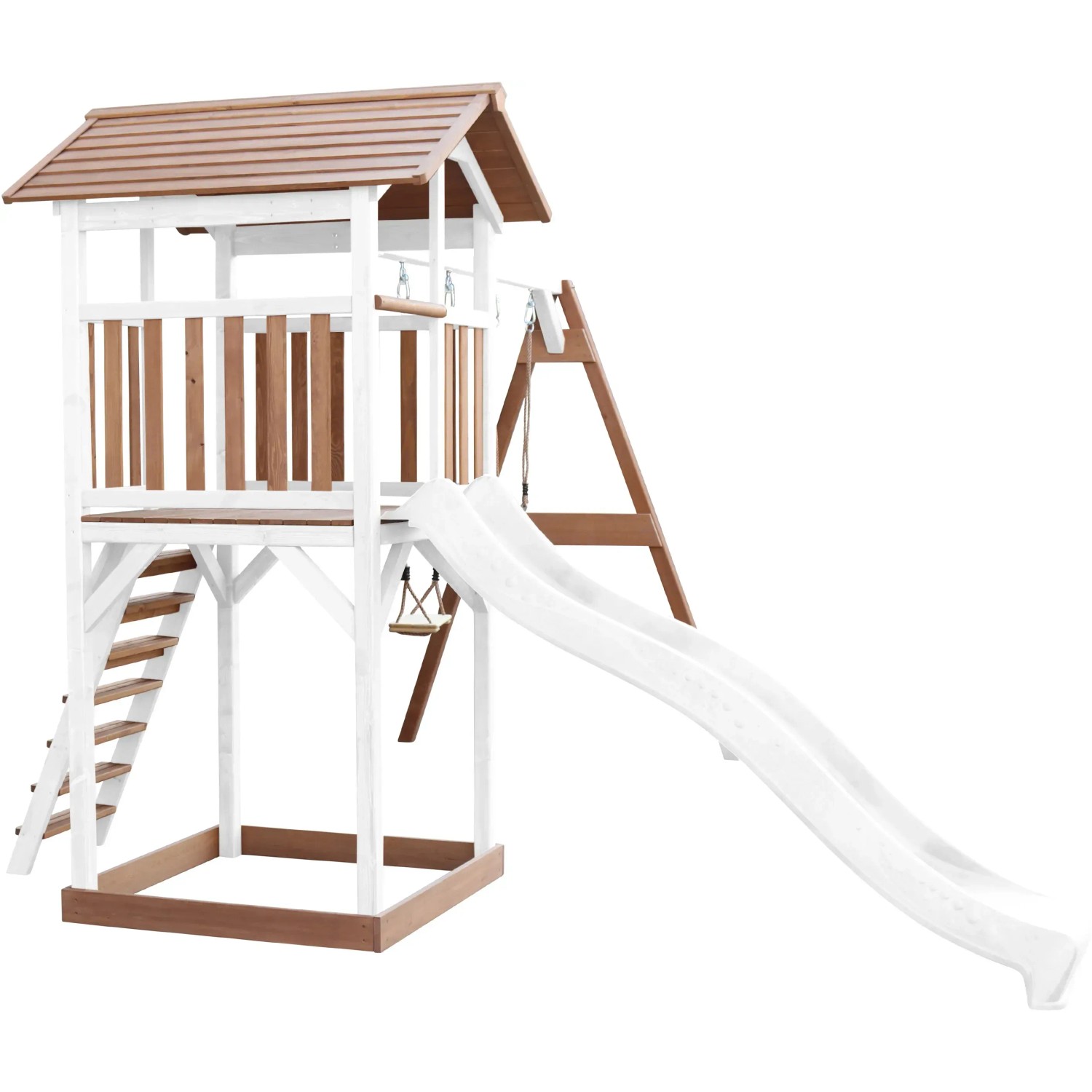 Axi Beach Tower Spielturm mit Doppelschaukel und weißer Rutsche, braun-weißes Holz.