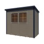 Bertilo Gerätehaus Castano 2, beige mit anthrazitfarbenen Akzenten, Doppeltür mit Fenstern.