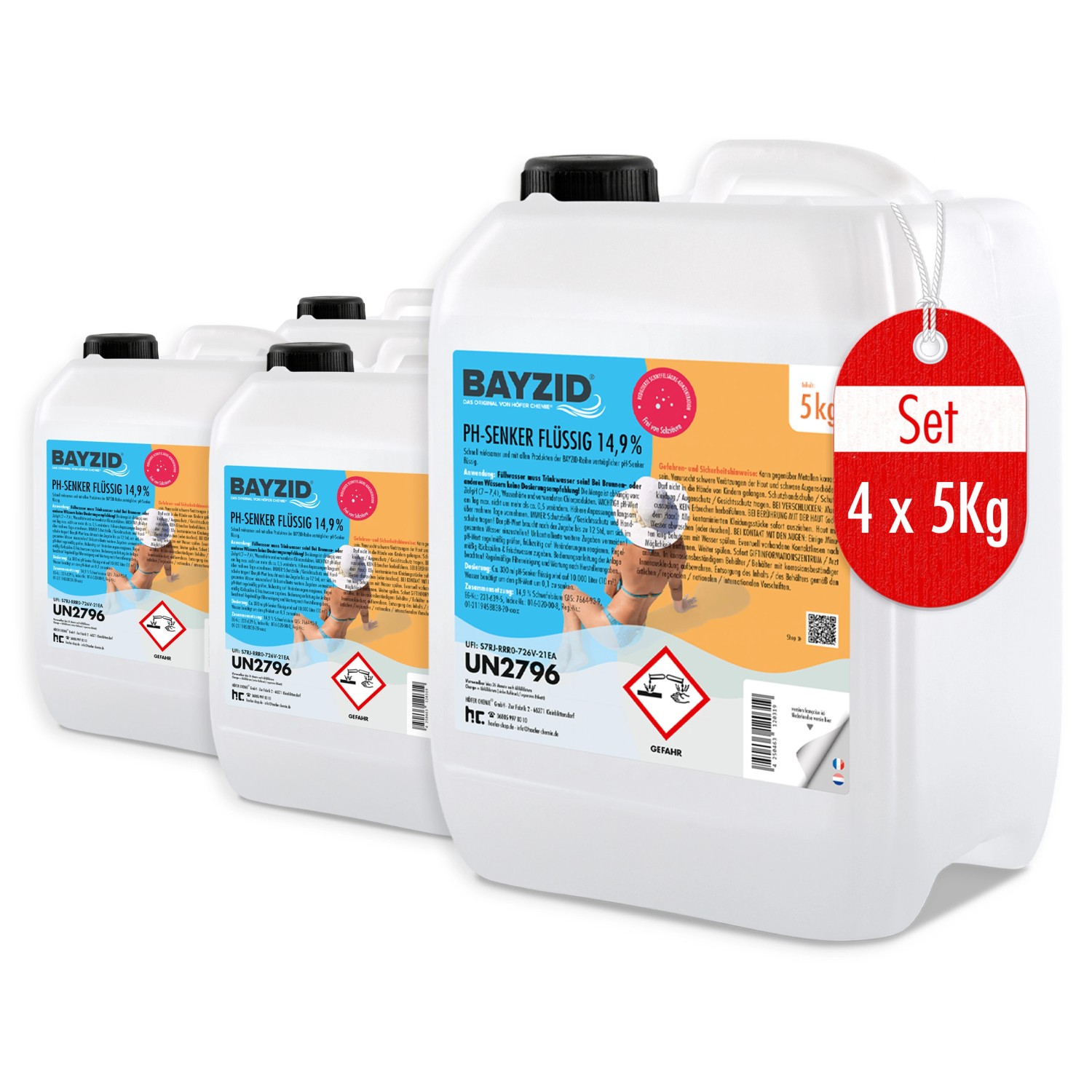 Set: 4 Kanister Bayzid pH Minus Flüssig 14,9%, je 5kg. PH-Regulierung für Pools.