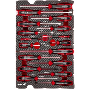 Einhell Werkzeug-Pad mit 17 Schraubendrehern im E-Case, sortiert in roter Werkzeugaufnahme.
