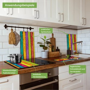 Banjado 2-teilige Herdabdeckplatte aus Glas mit bunten Holzlatten als Schneidebrett und Spritzschutz.