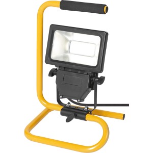LED-Baustrahler 20W mit gelbem Metallgestell und verstellbarem Neigungswinkel.