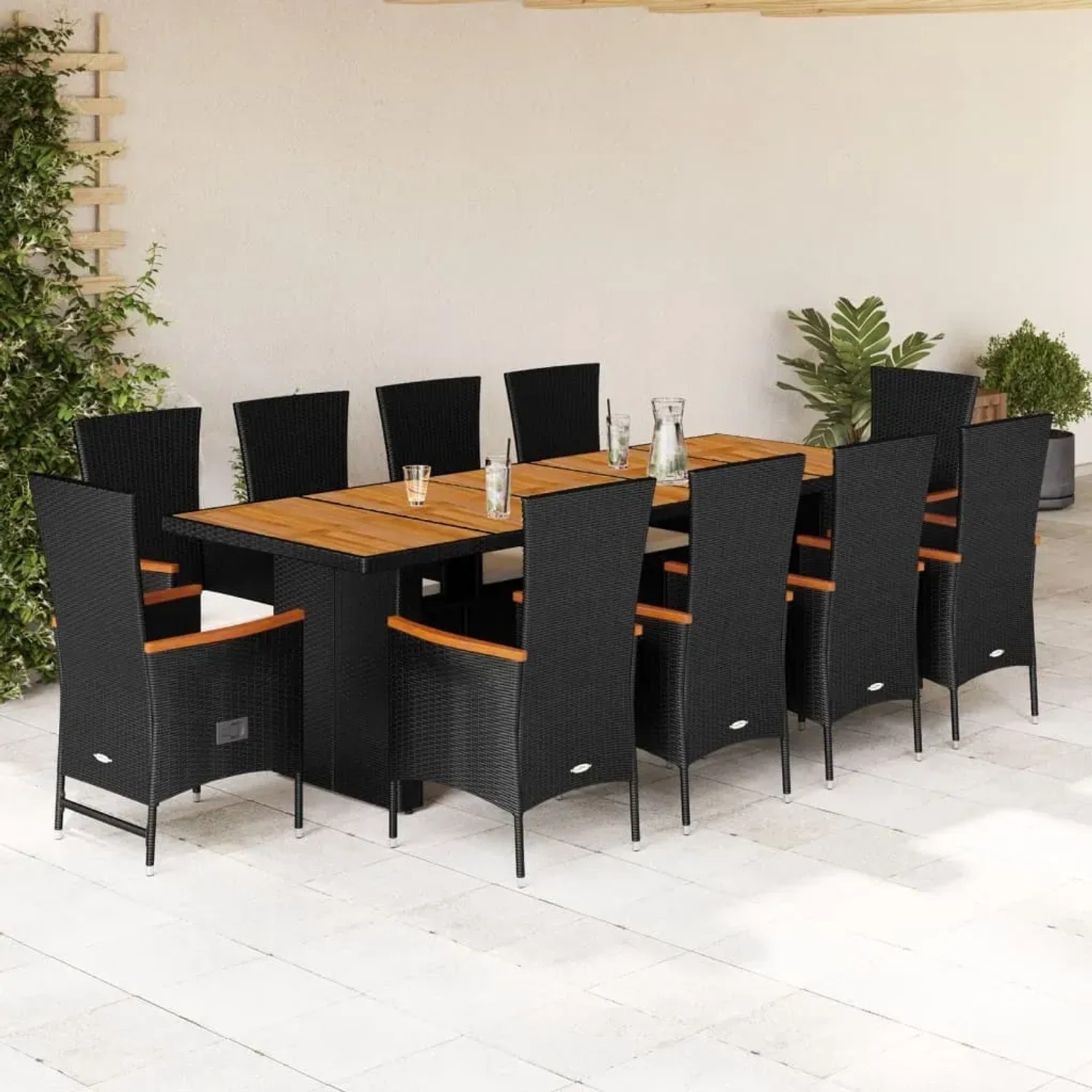vidaXL 11-tlg. Garten-Essgruppe aus schwarzem Poly Rattan mit Tisch, Stühlen und Sesseln.