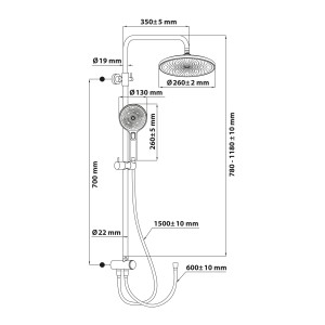Technische Zeichnung: Schöner Wohnen Duschsystem Biella, Maße und Details des Brausesets in Chrom.