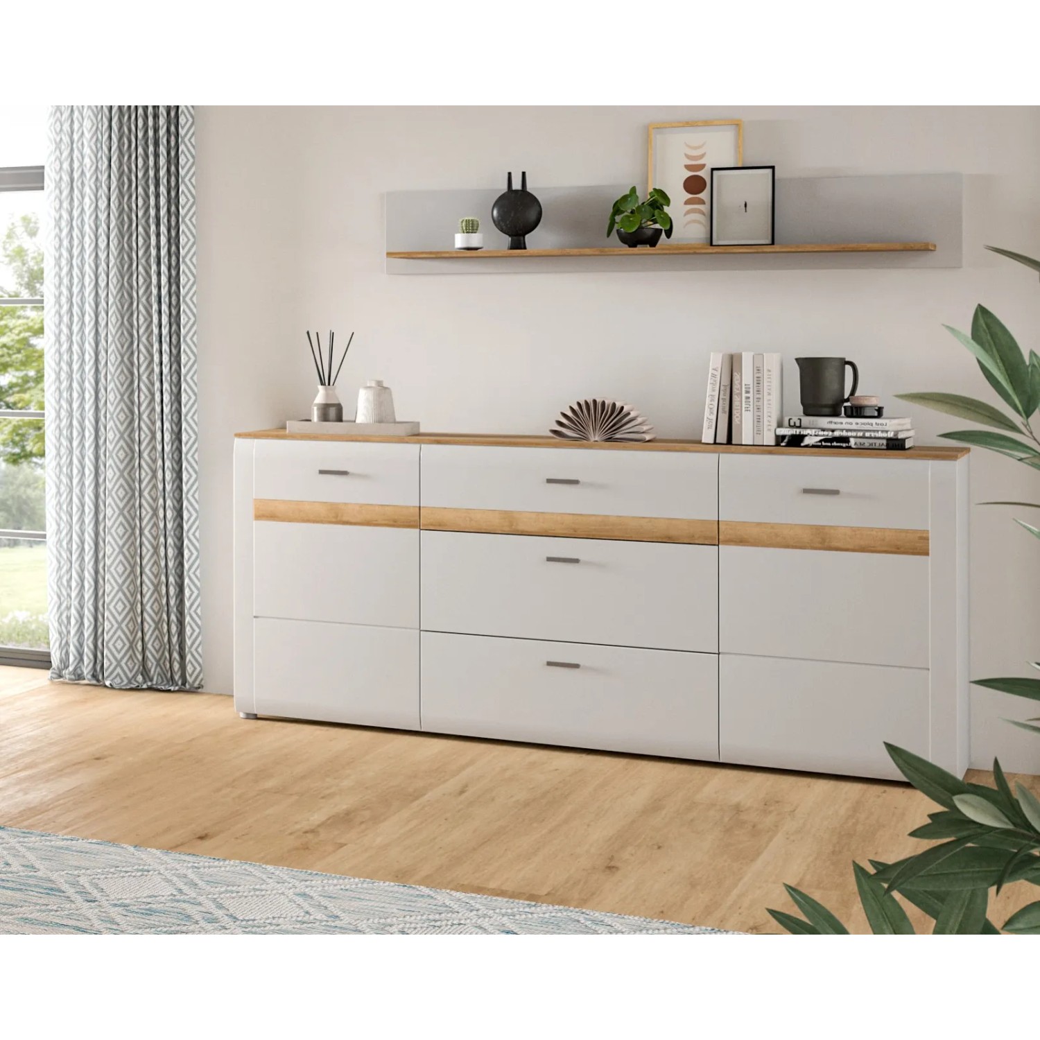 Inn.Furn Wandboard Darell, grau und Eiche, 150 cm breit. Modernes Wandregal für Wohnraum.