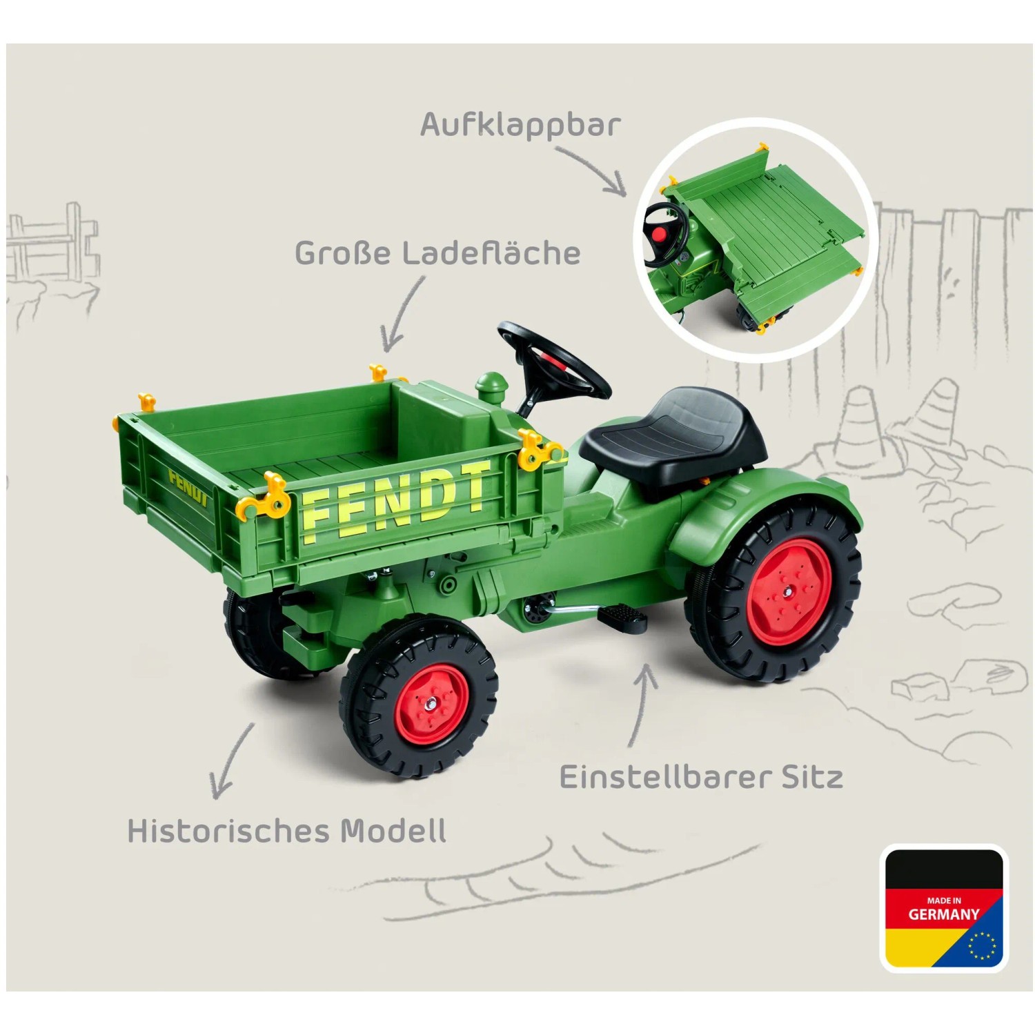 BIG Kindertraktor Fendt mit Ladefläche und verstellbarem Sitz für Kinder von 3-5 Jahren.