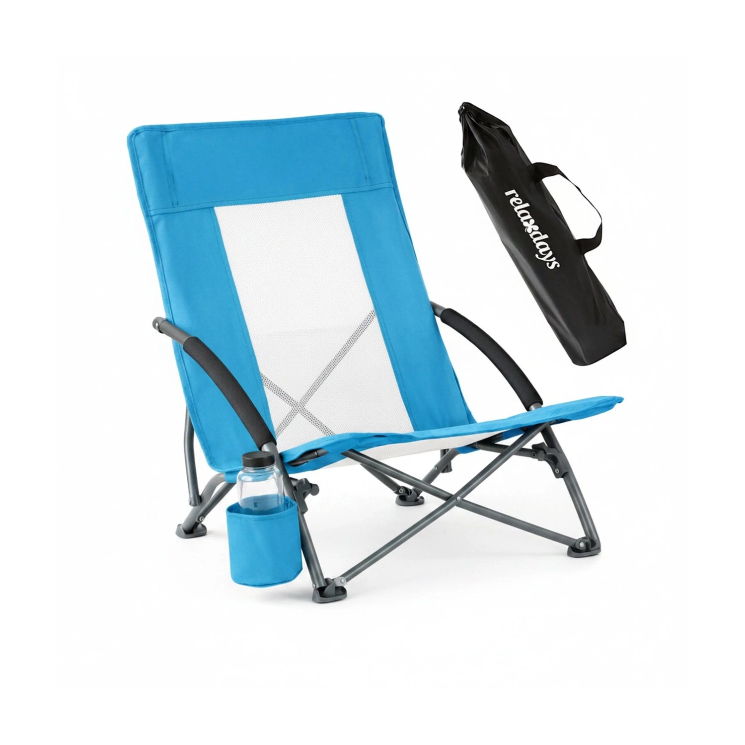 Relaxdays Strandstuhl Metall Blau Faltbar Mit Getränkehalter 67 x 55 x 58 cm