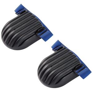 Knieschoner Paar Stufe 0, schwarze Schalenform mit blauem, verstellbarem Riemen.