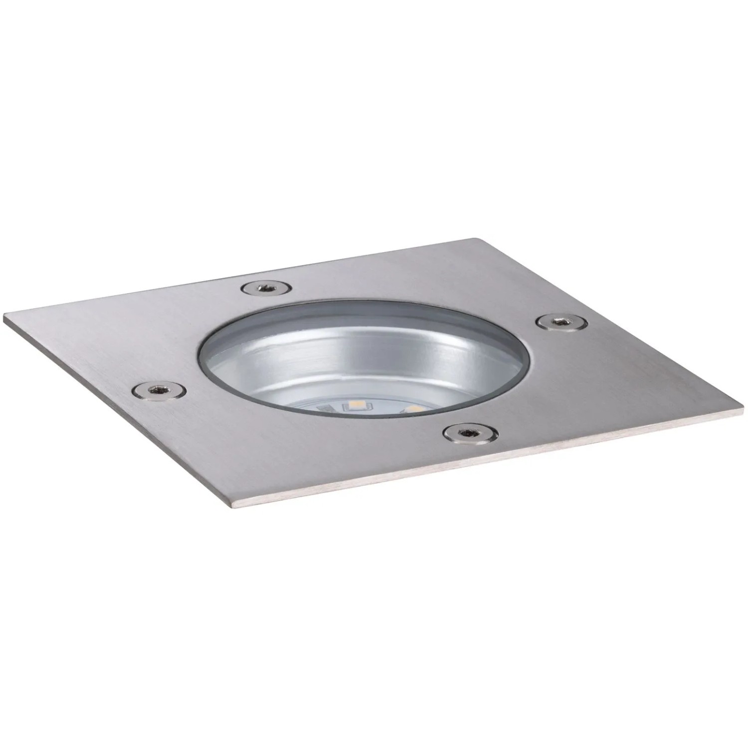 Eckige Paulmann Plug & Shine Bodeneinbauleuchte aus Edelstahl für Außenbereiche mit warmweißem Licht.