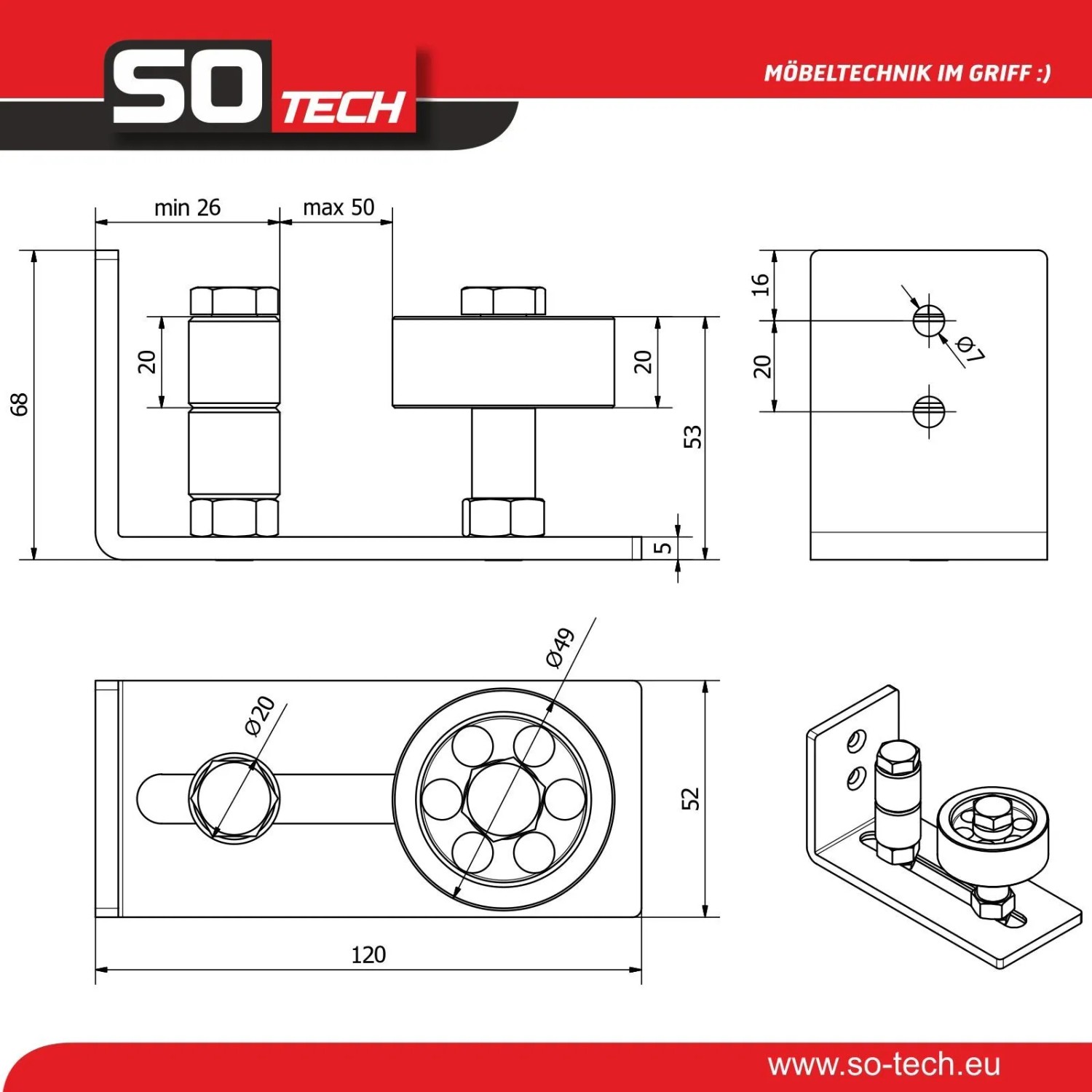 SOTECH Schiebetür Bodenführung für Türstärke Bis 65 mm Schwarz 5 Montageoptionen_5
