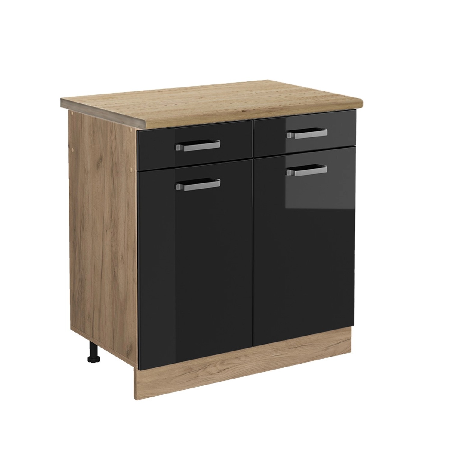 Vicco Küchenunterschrank R-Line Schwarz Hochglanz/Goldkraft Eiche 80 cm AP Eiche