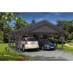 Skan Holz Carport Schwarzwald, grau, mit Dachlattung und Abstellraum, zwei Autos parken darunter.