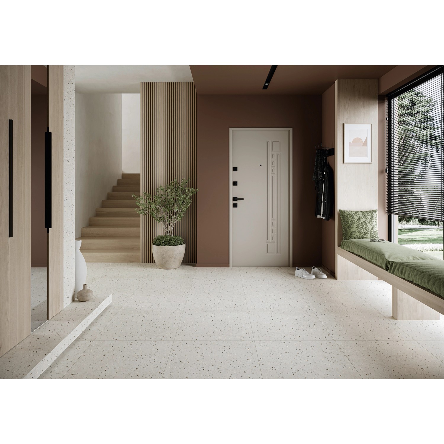 Heller Raum mit Feinsteinzeug Bodenfliese Posito in Betonoptik, 59,8x59,8 cm.