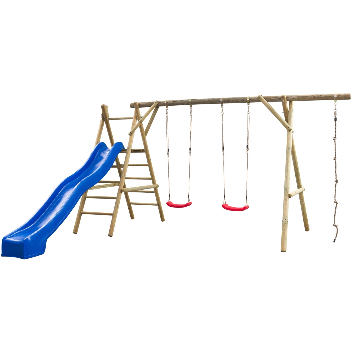 T&J Kletterschaukel Vreni mit blauer Rutsche, Doppelschaukel und Strickleiter. Spielturm für Kinder.