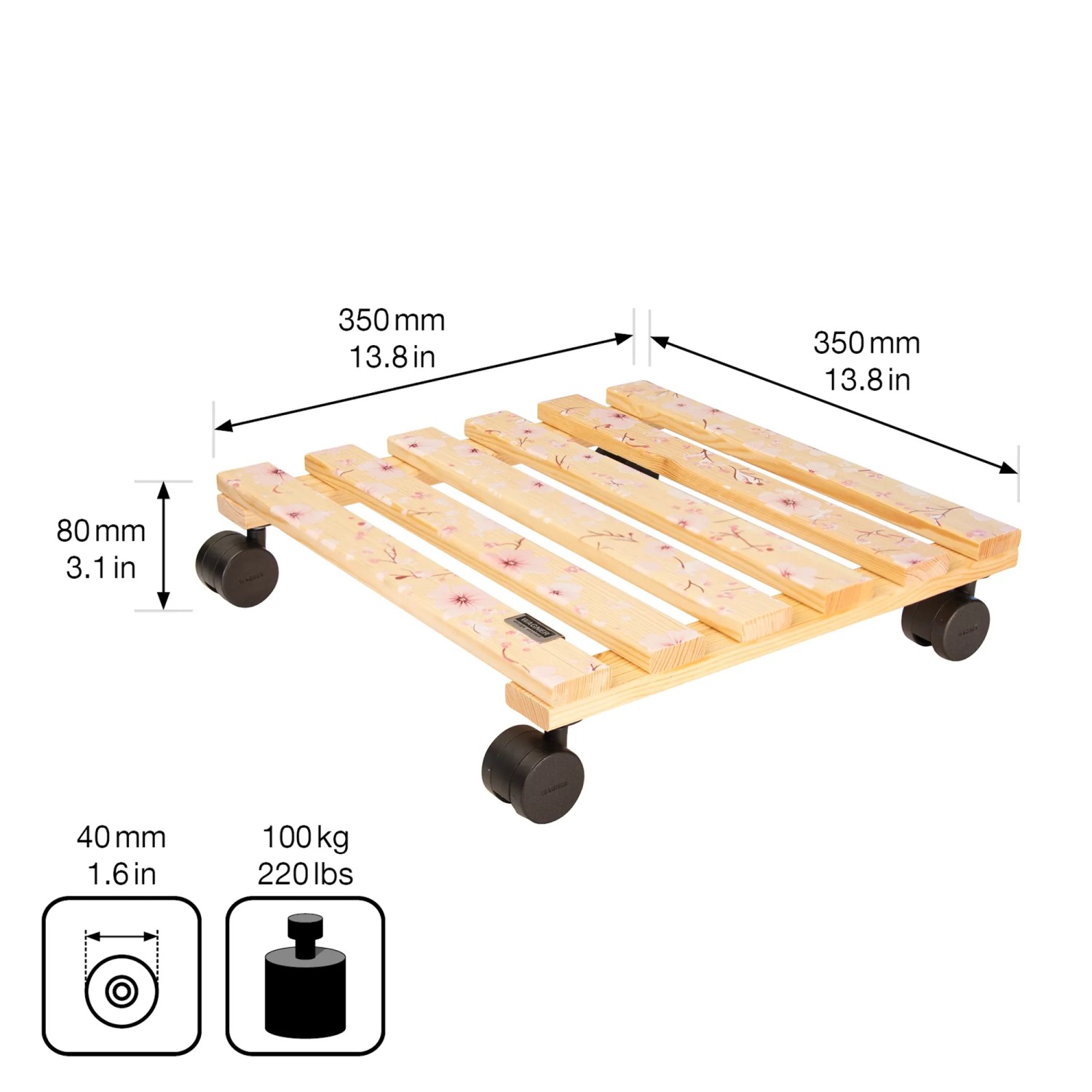 Wagner Rolluntersetzer mit Kirschblütenmuster, 350x350mm, 100kg Tragkraft.