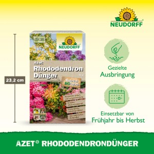 Packung Neudorff Azet Rhododendron-Dünger 1 kg mit Abbildung blühender Rhododendren.
