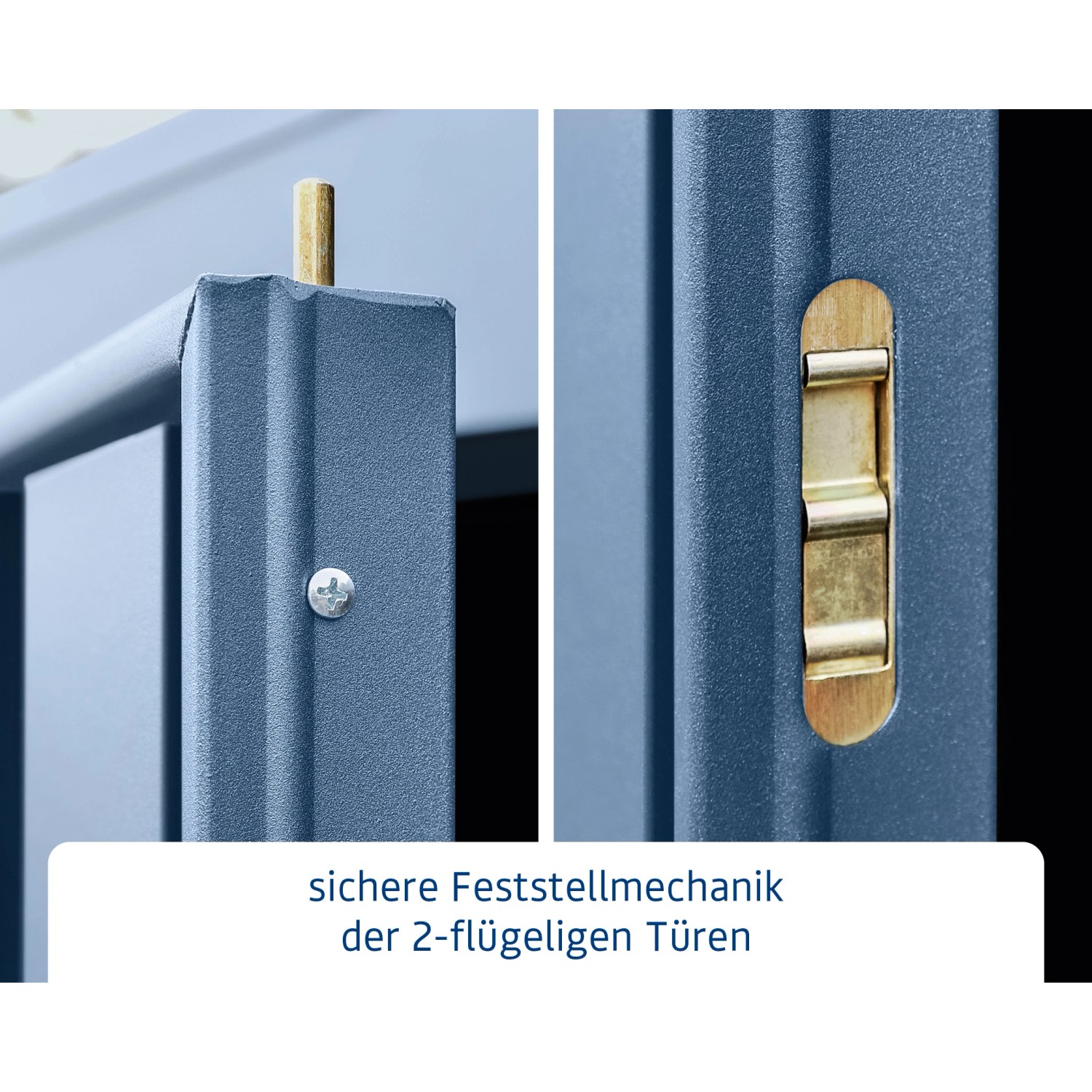 Detailaufnahme: Sichere Feststellmechanik des Ecostar Gerätehaus Trend in Taubenblau.