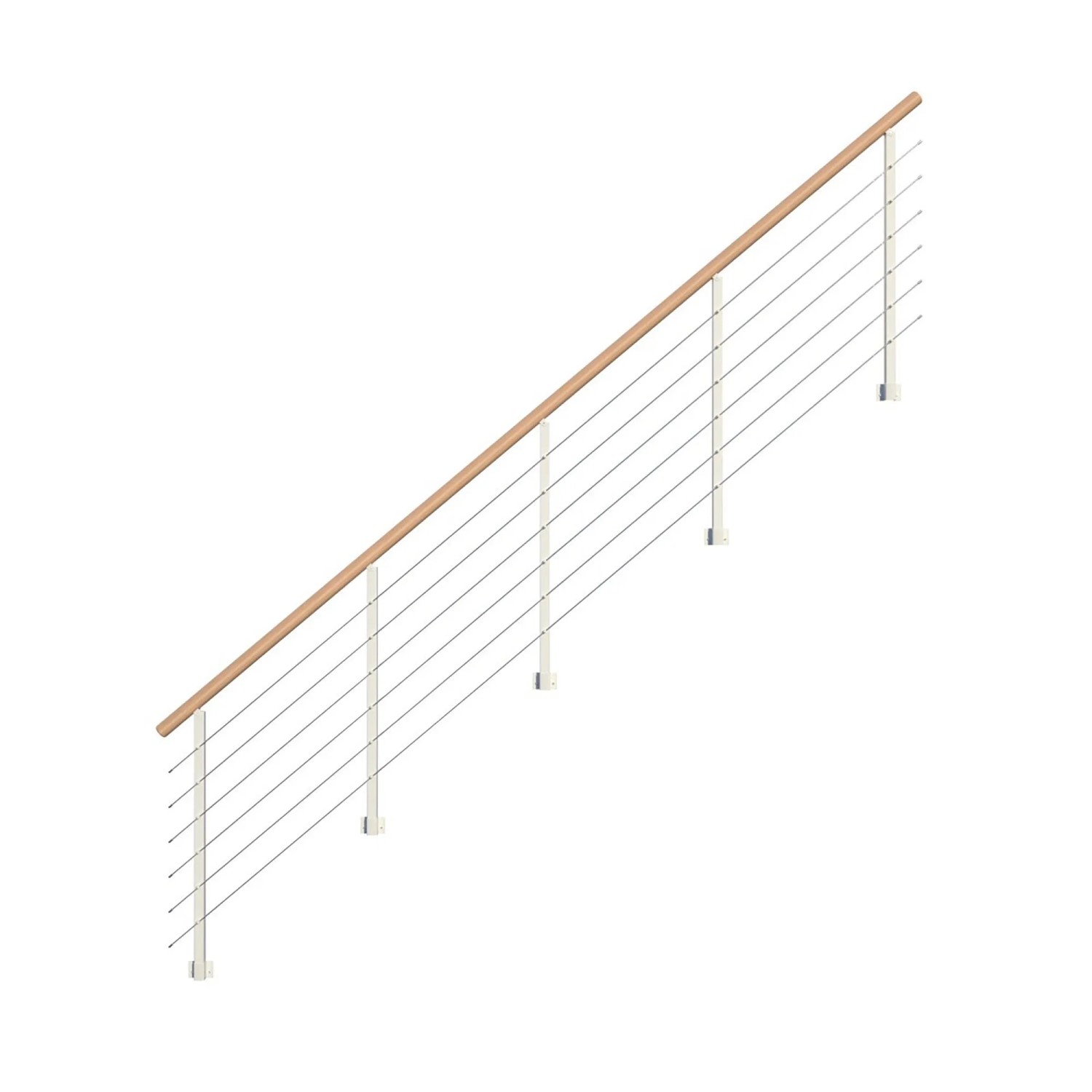 StarWood Metallgeländer Kos, 250cm, mit Buchenhandlauf, weißen Pfosten und Edelstahlstäben.