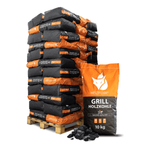 Palette mit 36 Säcken Heizfuxx Grillholzkohle in Gastro-Qualität, 10kg pro Sack, aus Hartholz für hohe Hitze.