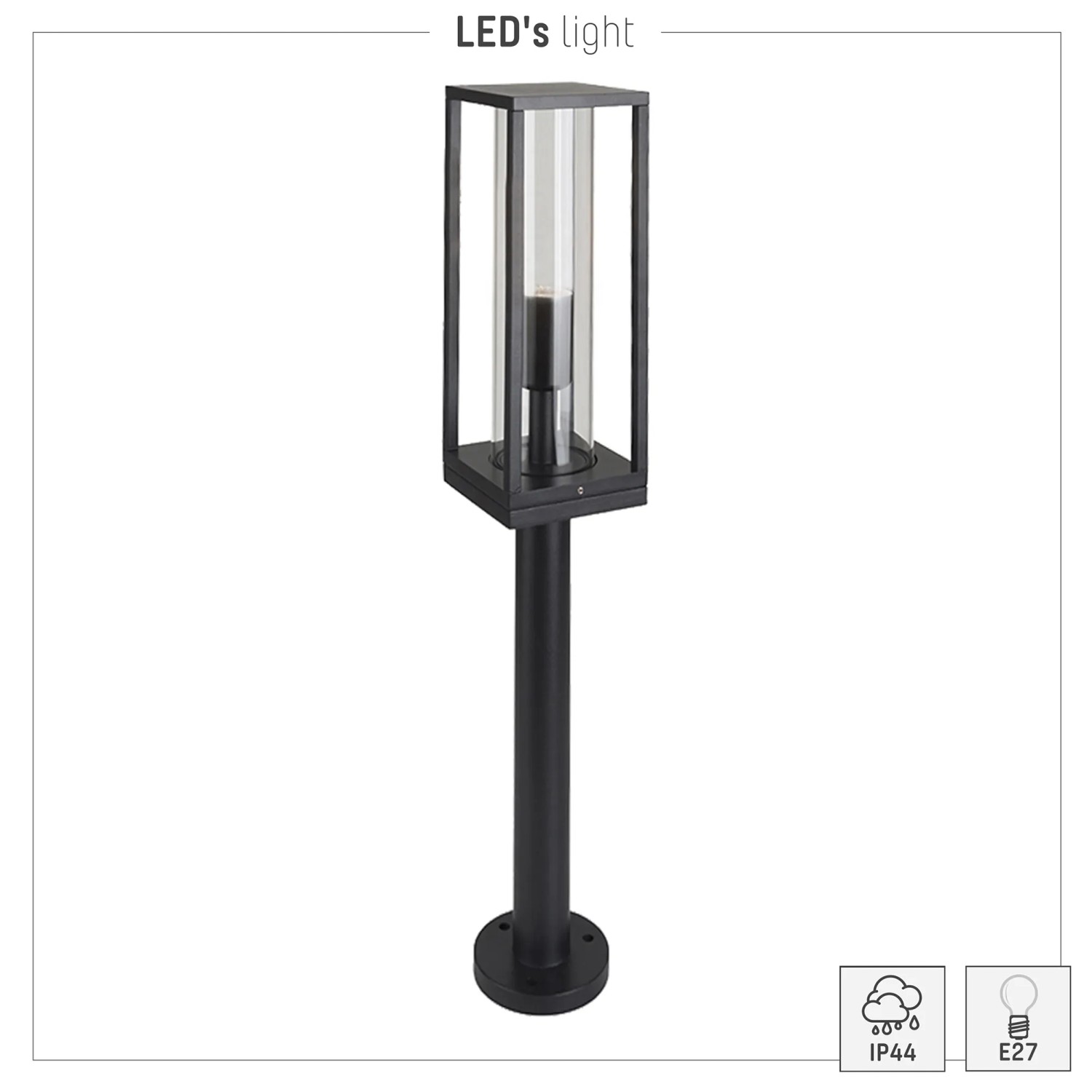 Schwarze LED`s light Pollerleuchte, 1-flammig, mit Glaszylinder für E27 Leuchtmittel.