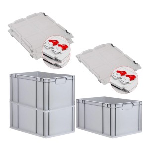 PROREGAL Spar Set: 3 graue Euroboxen 65L mit Scharnierdeckel und roten Verschlüssen.