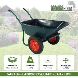 Grüne TRUTZHOLM Schubkarre mit 2 Rädern, 100L und 160kg Tragkraft für Garten & Bau.