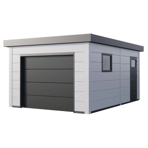 Moderne Fertiggarage 3654 in Weiß mit Rolltor und Seitentür, 358x538 cm.