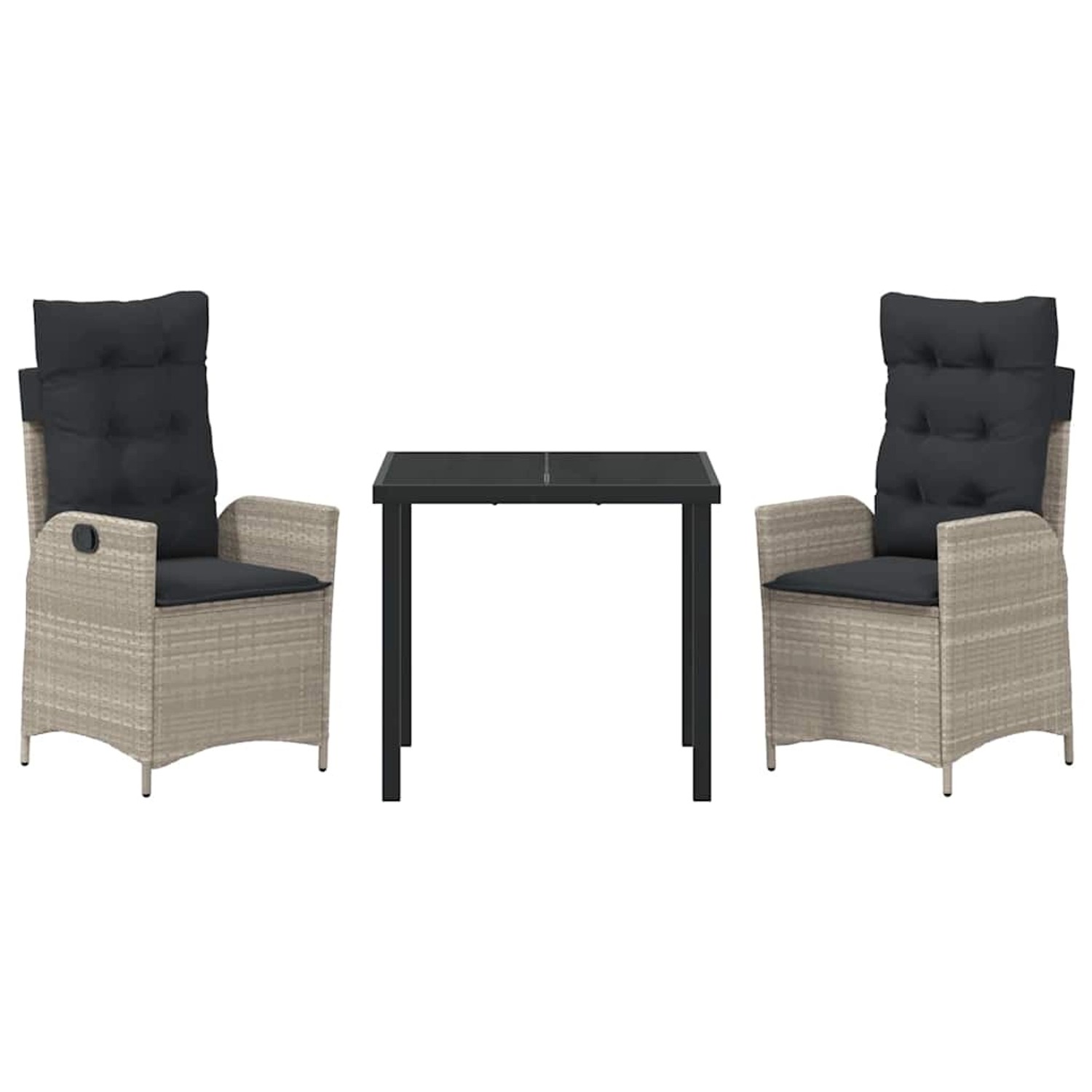 Hellgraue 3-tlg. vidaXL Garten Essgruppe aus Polyrattan mit Tisch und Stühlen.