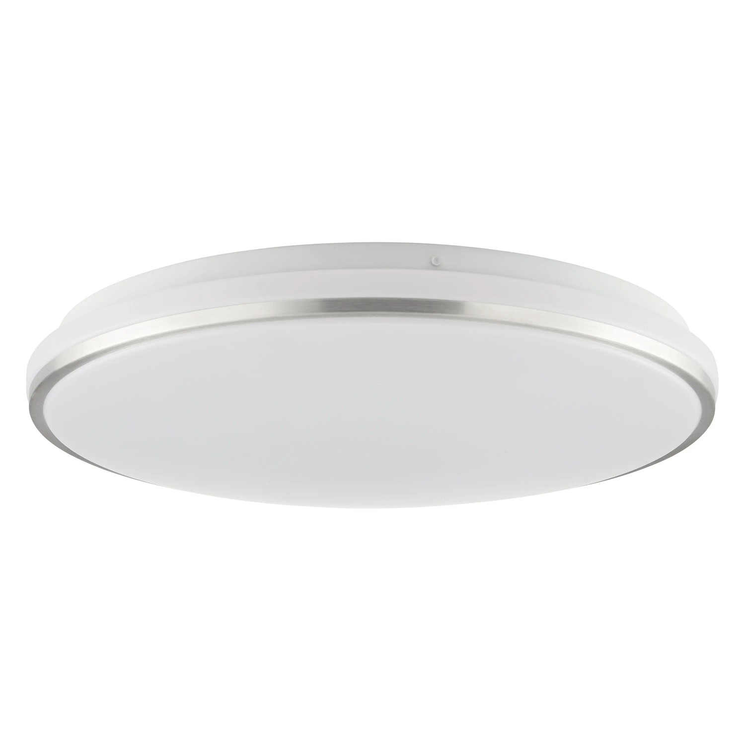 Weiße LED Deckenleuchte Avalis mit gebürstetem Aluminiumrand, Durchmesser 38 cm.