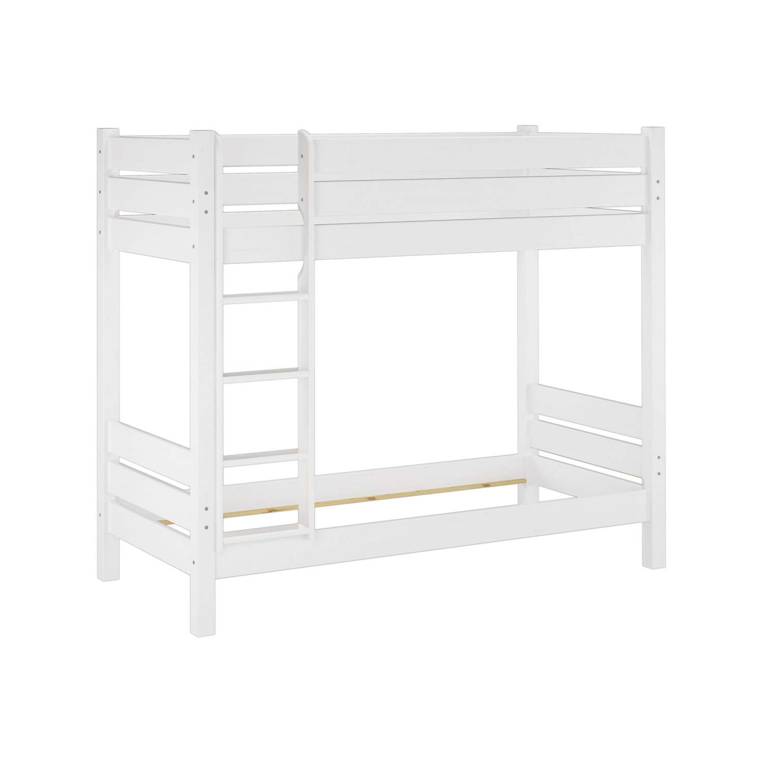 Weißes Etagenbett aus Kiefernholz mit Leiter und Rollrost. Ideal für Kinder- und Jugendzimmer.