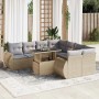 Beige 9-teilige Garten-Sofagarnitur aus Polyrattan mit hellgrauen Kissen und Tisch.