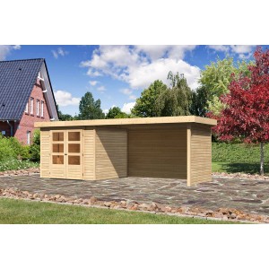 Karibu Holz-Gartenhaus Boras mit Flachdach, unbehandelt, mit Anbau und Doppeltür.