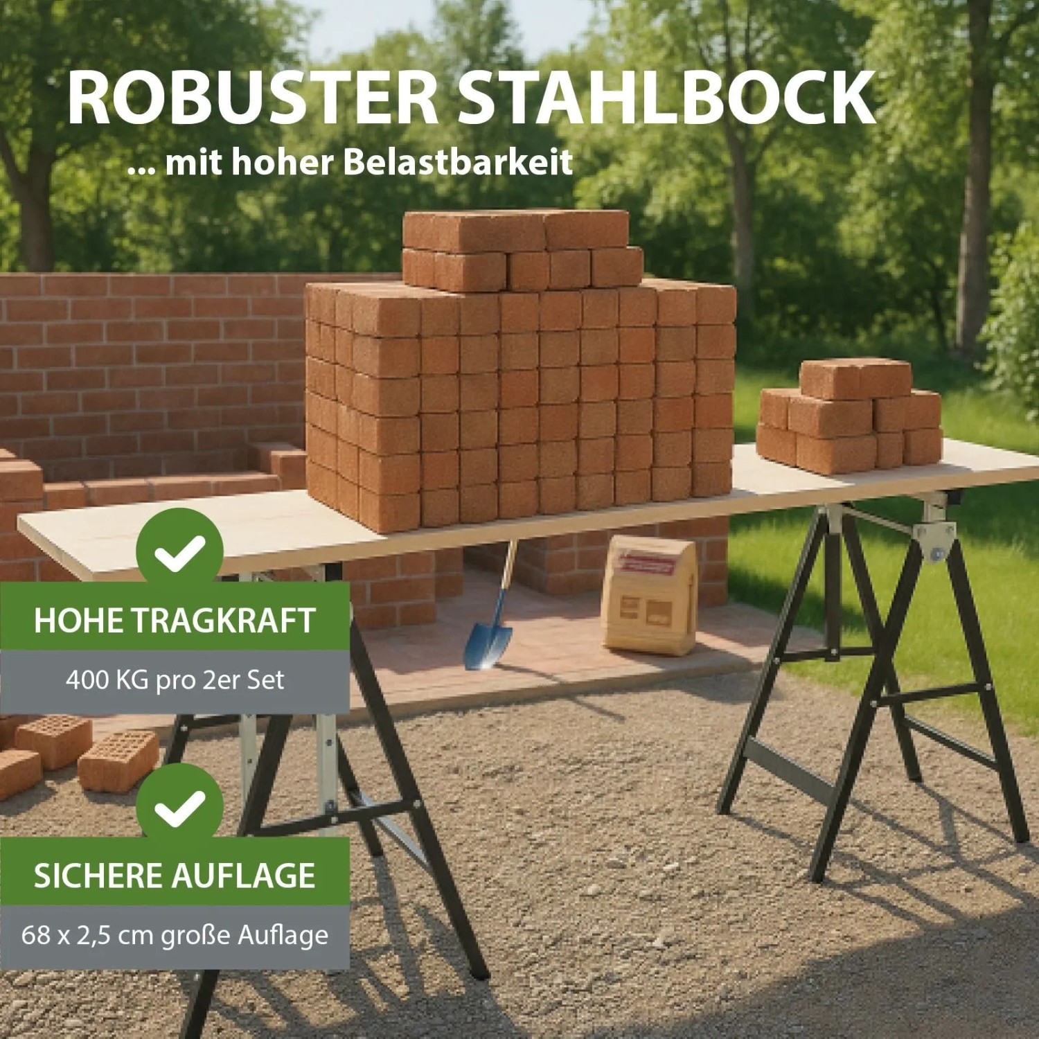 2er Set TRUTZHOLM Arbeitsböcke, höhenverstellbar, belastbar mit Ziegelsteinen auf Tischplatte im Aussenbereich.
