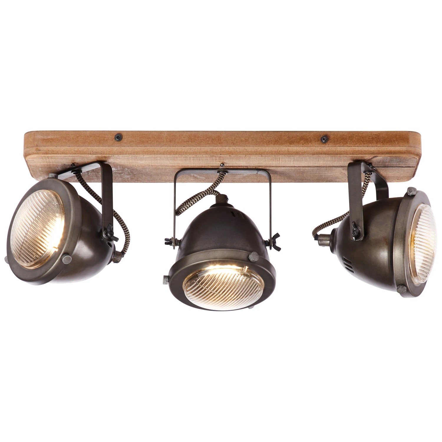 Brilliant Spot Carmen: 3-flammige Deckenleuchte aus Holz und Stahl in Burned Steel Optik.