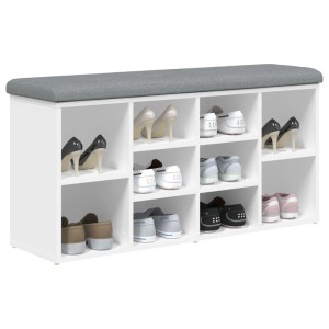 Weiße vidaXL Schuhbank mit grauem Sitzkissen und mehreren Schuhfächern.
