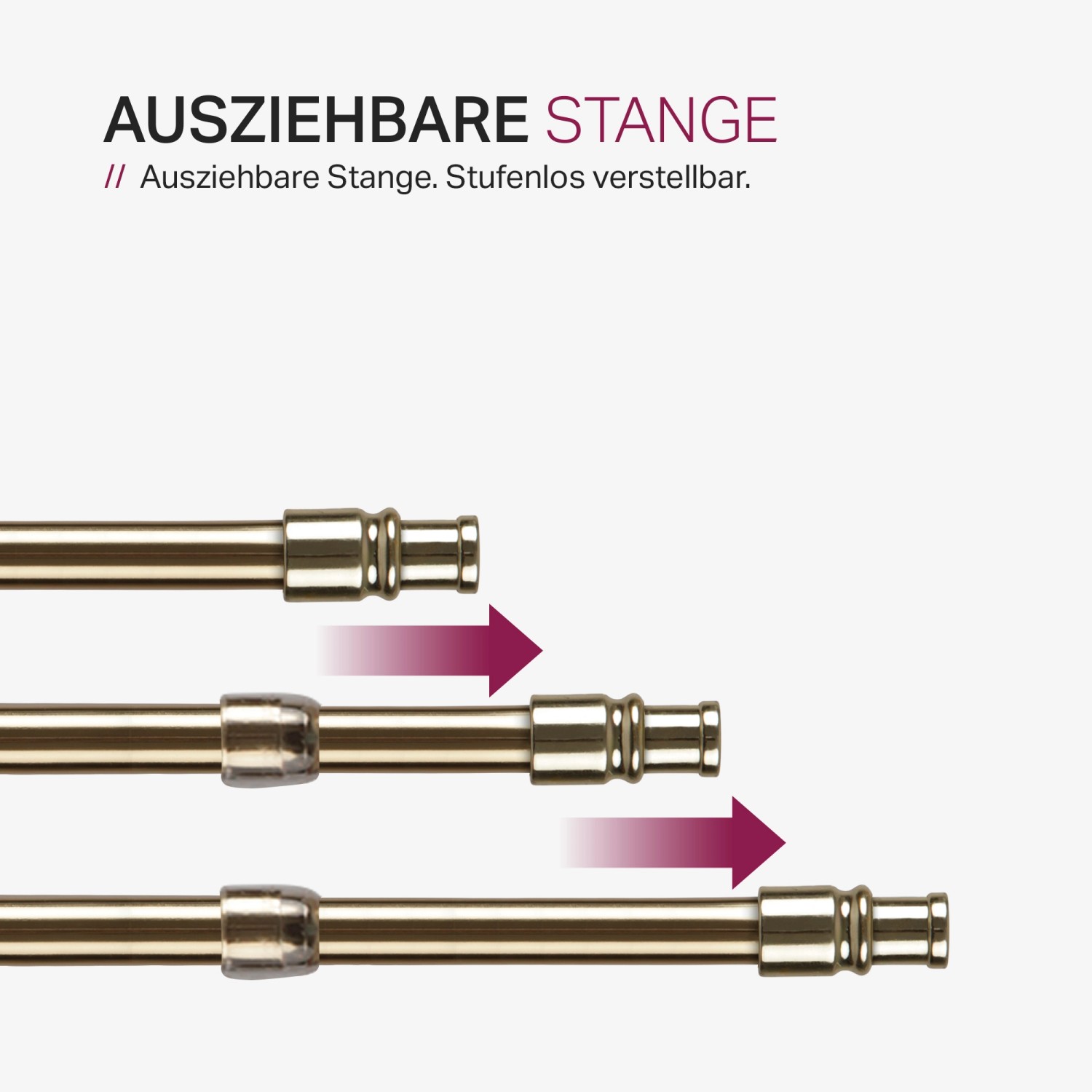 Bestlivings Cafehausstange Messing Gold, ausziehbar mit Pfeilen zur Illustration der Funktion.