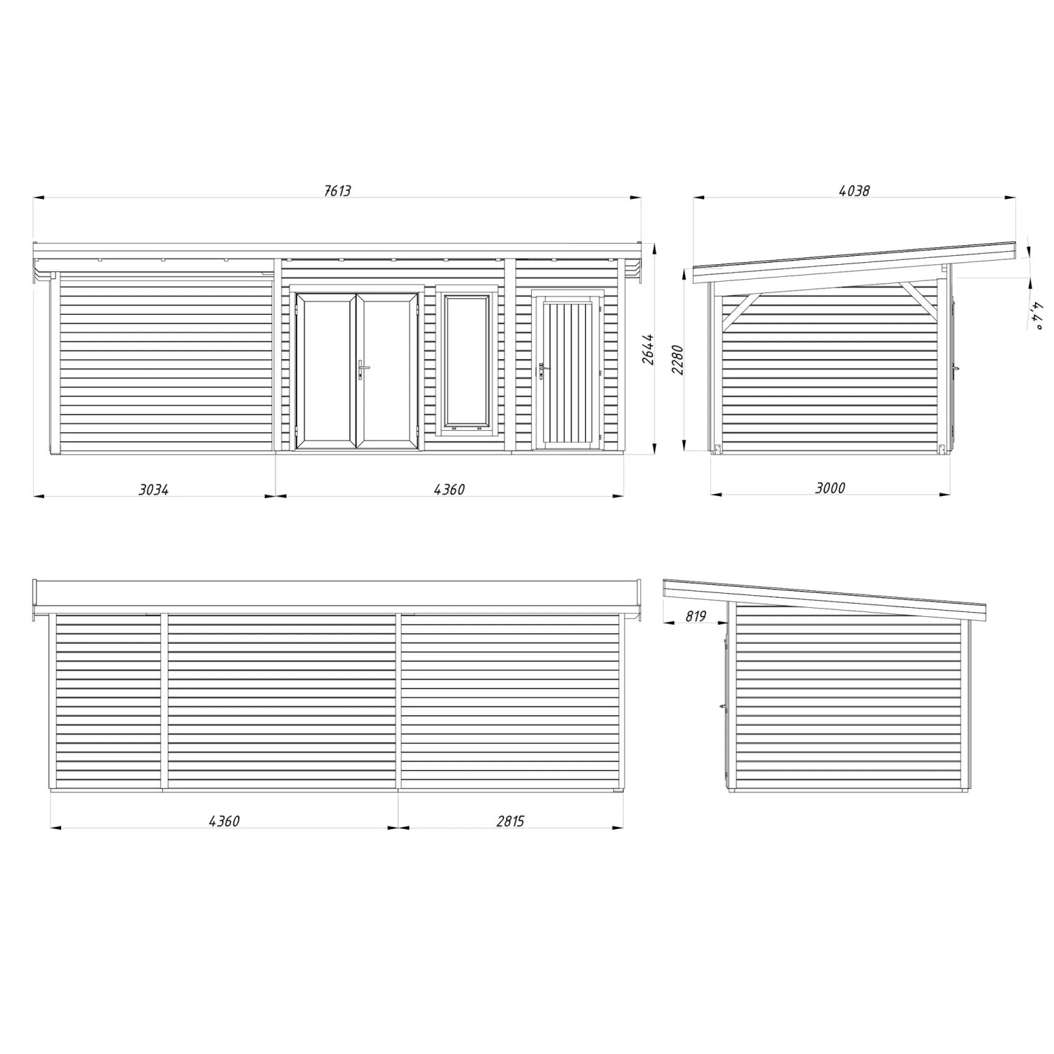 Technische Zeichnung: Palmako Holz-Gartenhaus mit Pultdach, Maße 739x300 cm.