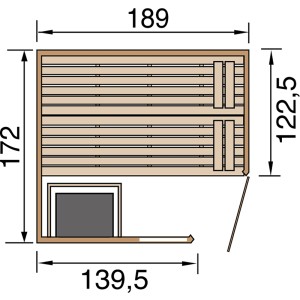 Grundriss der Weka Massivholzsauna Valida Eck 1.8 mit Maßen und Positionierung von Ofen und Bänken.