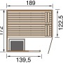Grundriss der Weka Massivholzsauna Valida Eck 1.8 mit Maßen und Positionierung von Ofen und Bänken.