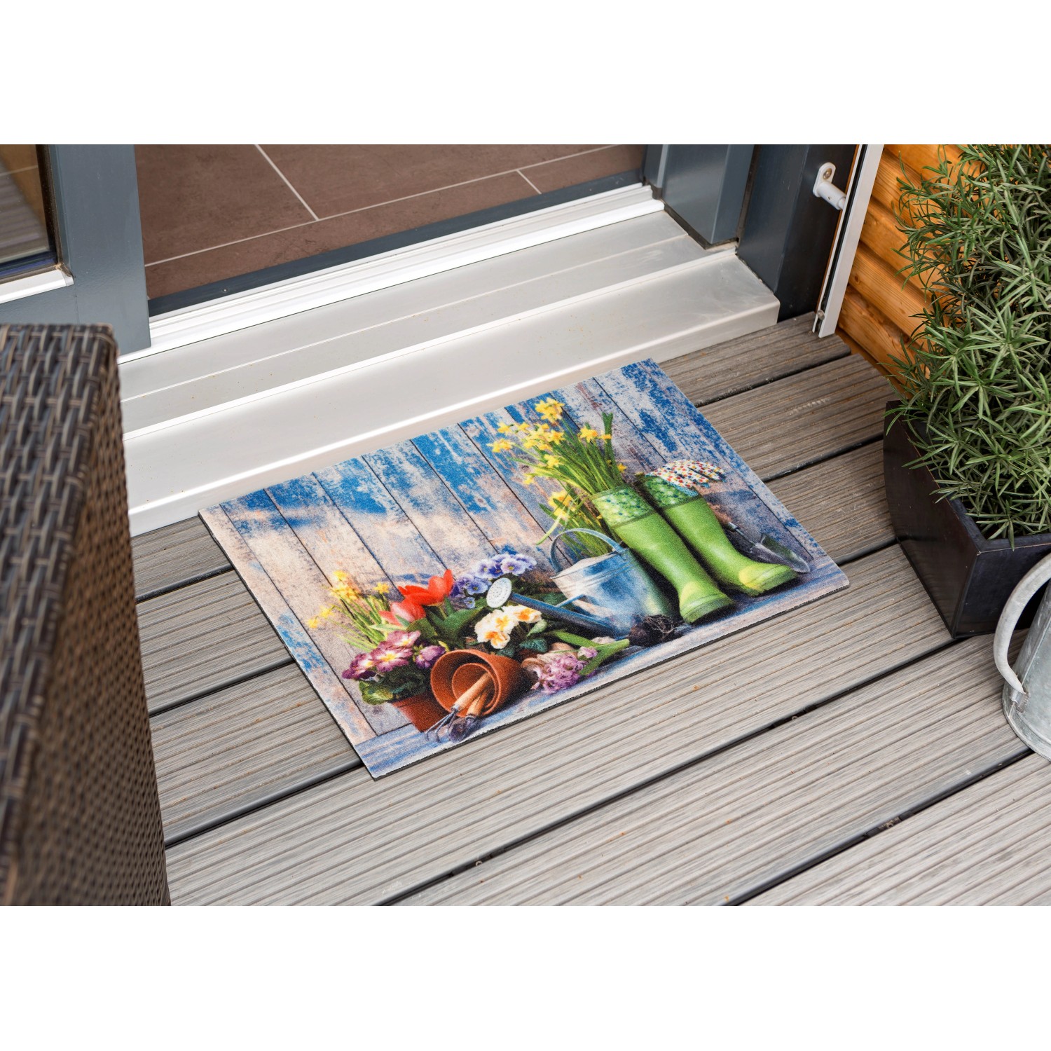 Astra Sauberlaufmatte mit Gartenmotiv (Gießkanne, Blumen, Stiefel) 40x60cm.