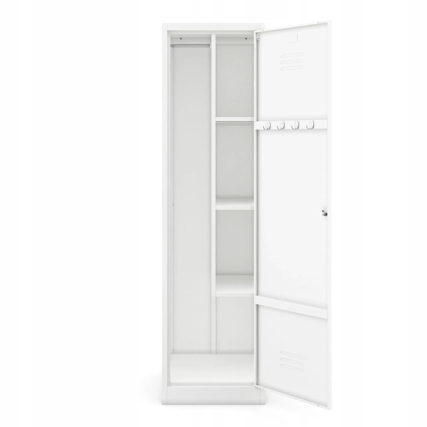 JAN NOWAK Besenschrank AGNES, 185cm hoch, weiß, mit Fachböden, Stange und Haken. Ideal für Büro und Haushalt.