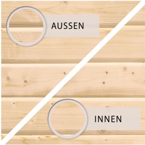 Karibu Fußboden aus Massivholz (16 mm) für Gartenhaus, Detailansicht innen/außen.