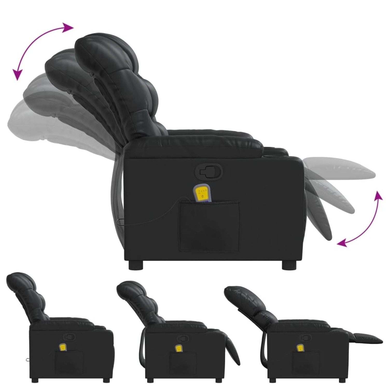 Schwarzer vidaXL Massagesessel Modell 14 aus Kunstleder mit verstellbarer Rückenlehne und Fußstütze.