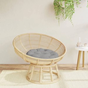 Graues, rundes vidaXL Kissen (Ø 60 cm) aus Oxford-Gewebe als Sitzkissen auf einem Rattansessel.