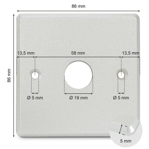 Blanko Klingelblende aus Aluminium, 86x86 mm, mit Bohrlöchern für Tastermontage.