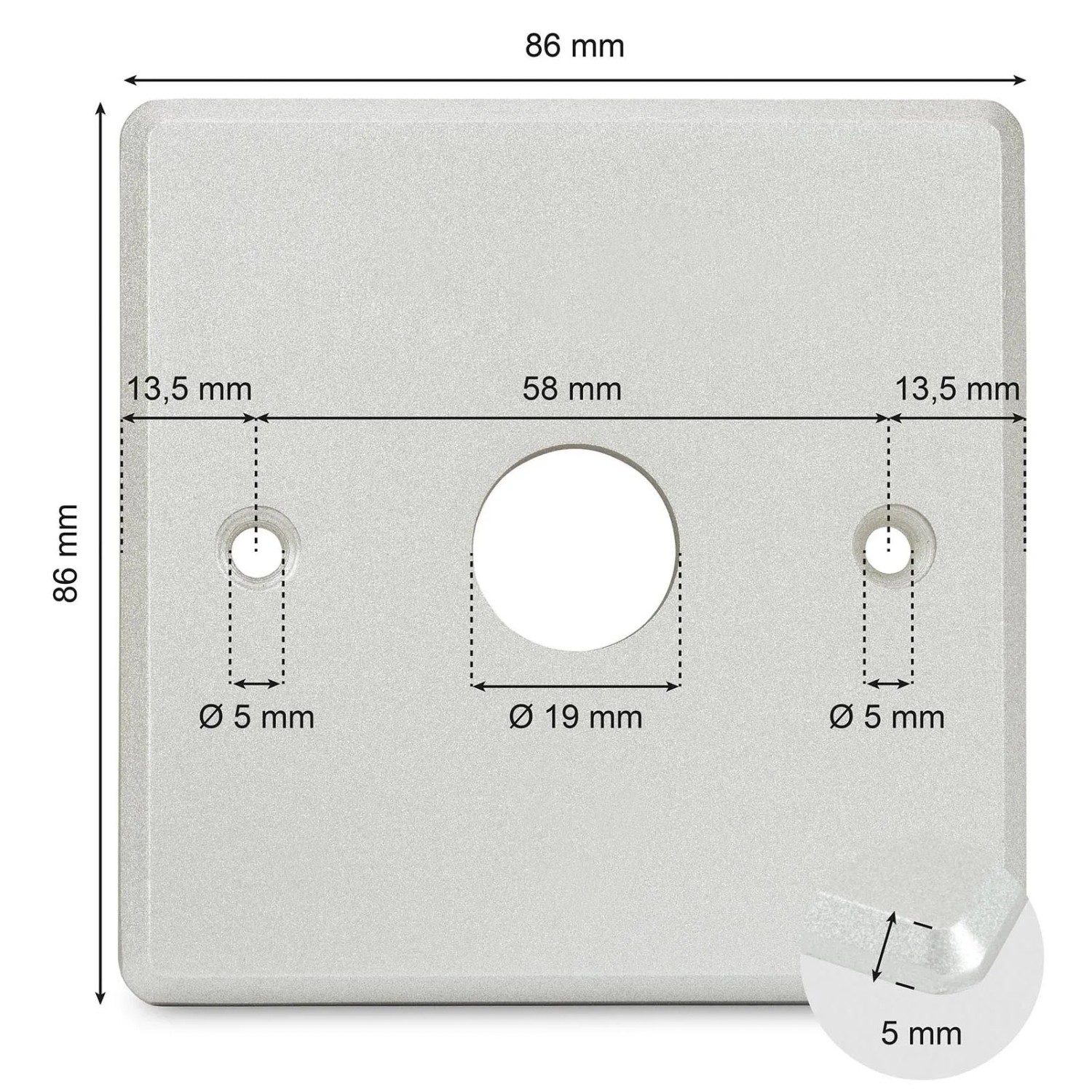 Blanko Klingelblende aus Aluminium, 86x86 mm, mit Bohrlöchern für Tastermontage.
