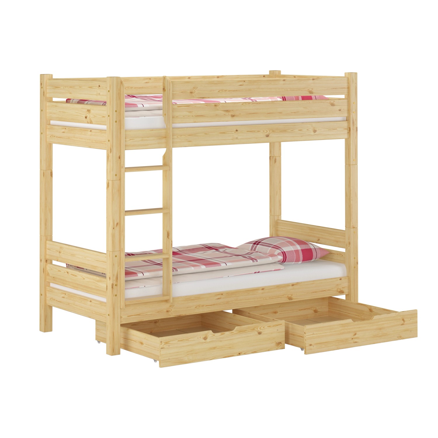 Extra stabiles Etagenbett aus Holz mit Rollrost und Bettkasten für Jugend und Erwachsene.