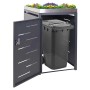 Anthrazitfarbene Mülltonnenbox für eine 240L Tonne mit Pflanzkasten und geöffneter Tür.