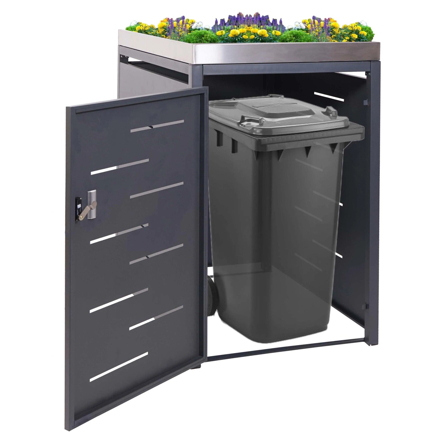 Anthrazitfarbene Mülltonnenbox für eine 240L Tonne mit Pflanzkasten und geöffneter Tür.